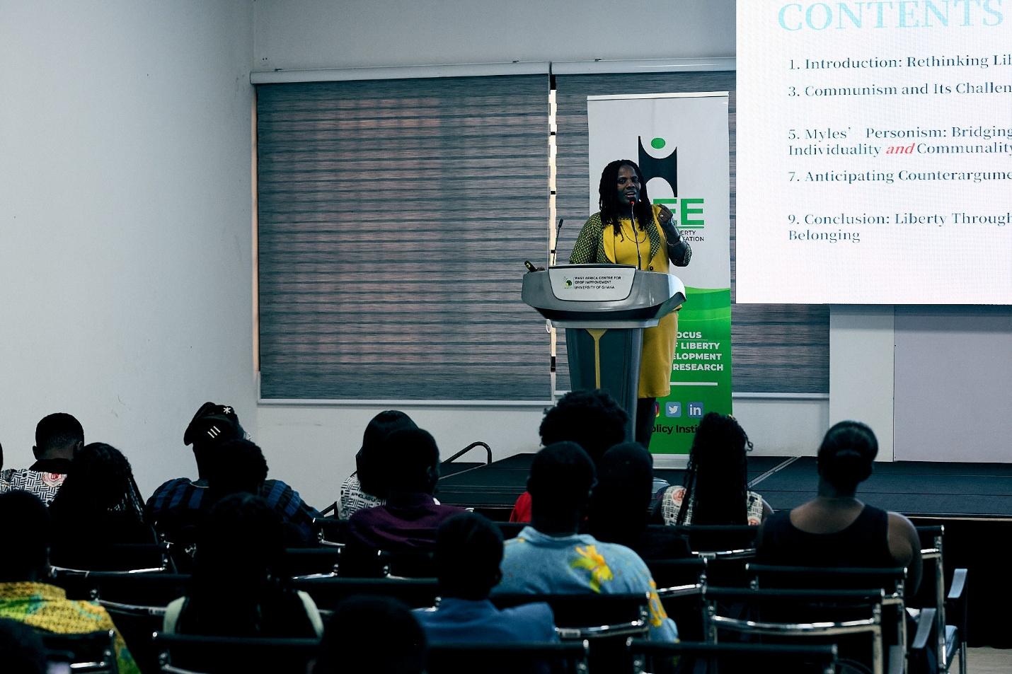 Dr. Myles, a board member and senior fellow of ILEE delivering her speech the Philosophy of Liberty