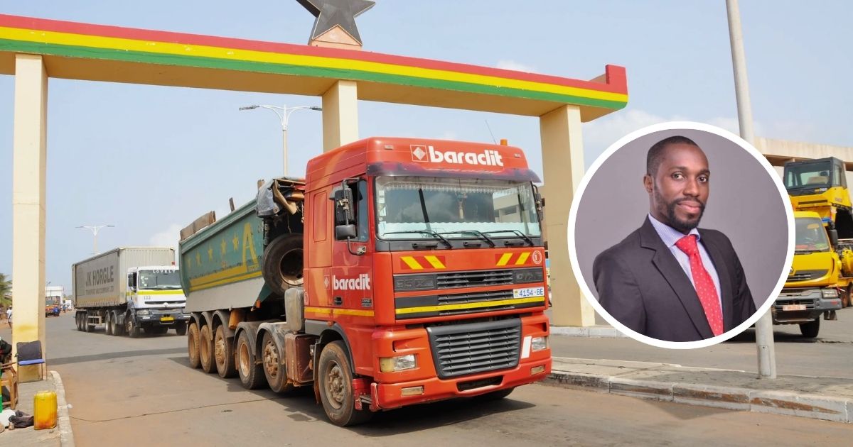 A large cargo truck at a Ghana border crossing with an inset portrait of Dr. Paul Appiah-Konadu discussing the ban on land transit goods.