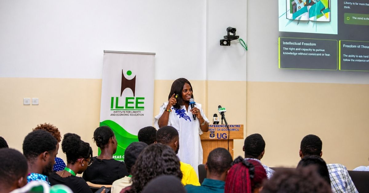 Female speaker presenting on liberty and intellectual freedom to students at the ILEE Campus Liberty Summit, University of Ghana