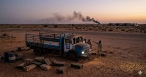 Sudanese military truck in desert with soldiers near supply crates as smoke rises in the distance during conflict