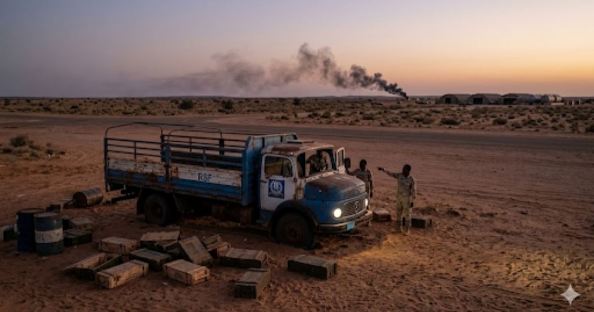 Sudanese military truck in desert with soldiers near supply crates as smoke rises in the distance during conflict