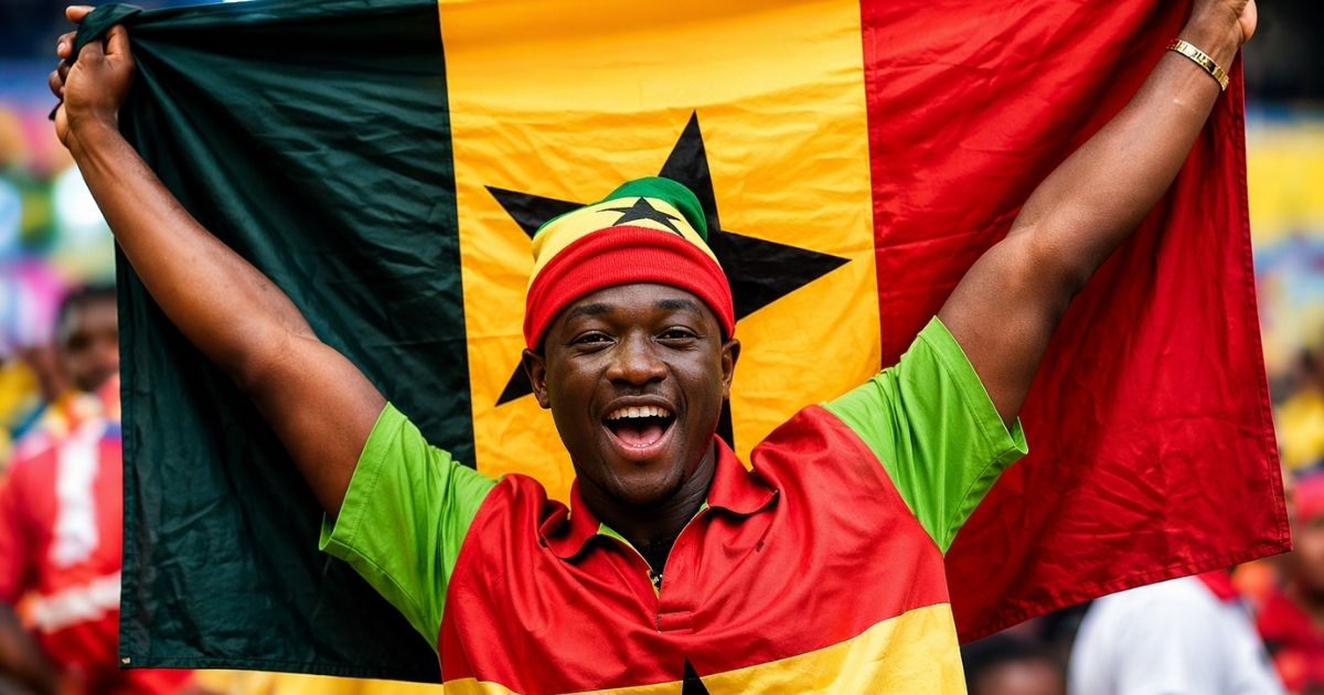 Ghanaian citizen holding the national flag high, symbolizing justice, accountability, and the fight against political corruption in Ghana.