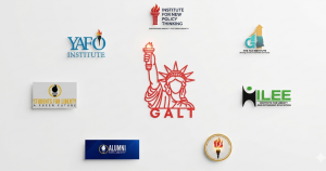 A premium graphic design compilation featuring a collection of think tank and policy organization logos arranged on a clean white background. In the center is a red outline illustration of the Statue of Liberty holding a torch, with the word 'GALT' underneath. Surrounding it are various logos incorporating torches, globes, and geometric shapes, including 'YAFO Institute', 'Institute for New Policy Thinking', 'The Tax Institute', 'Students for Liberty', 'ILEE', 'Alumni for Liberty', and a circular gold emblem. Each asset is rendered with clean vector precision and soft drop shadows.