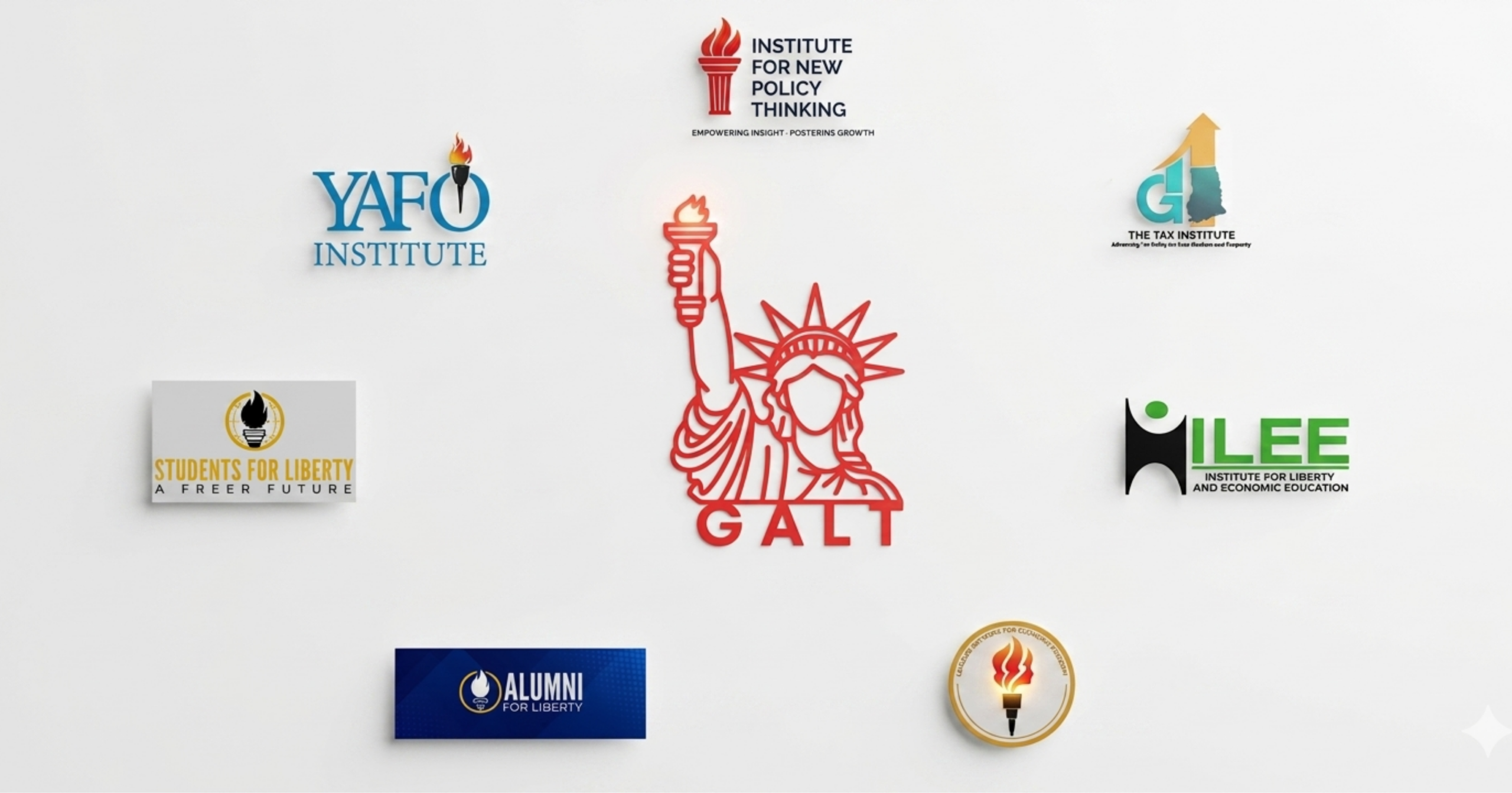 A premium graphic design compilation featuring a collection of think tank and policy organization logos arranged on a clean white background. In the center is a red outline illustration of the Statue of Liberty holding a torch, with the word 'GALT' underneath. Surrounding it are various logos incorporating torches, globes, and geometric shapes, including 'YAFO Institute', 'Institute for New Policy Thinking', 'The Tax Institute', 'Students for Liberty', 'ILEE', 'Alumni for Liberty', and a circular gold emblem. Each asset is rendered with clean vector precision and soft drop shadows.