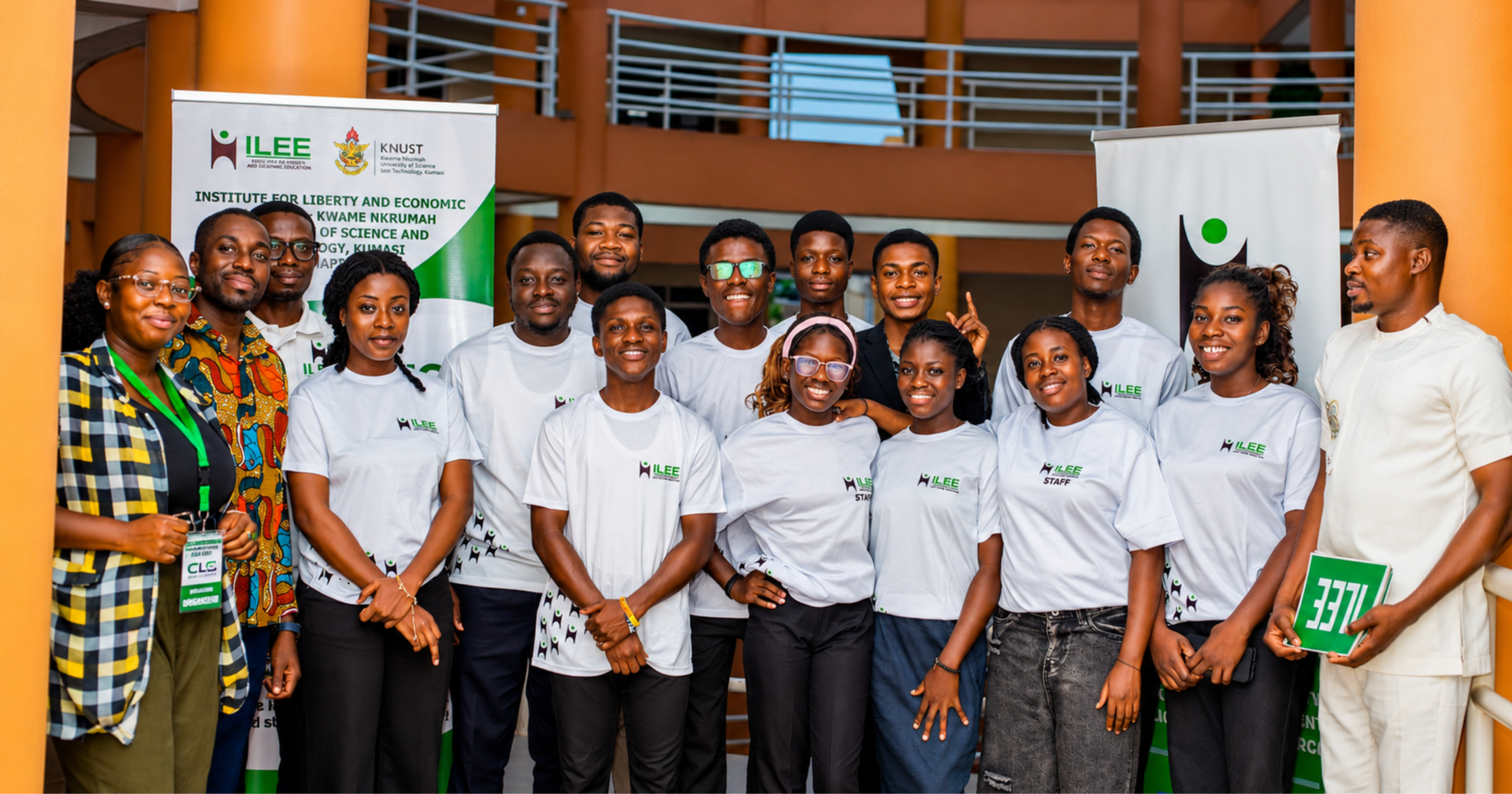 Group photo of organizers, speakers, volunteers, and student participants at the 2026 Campus Liberty Summit hosted by the Institute for Liberty and Economic Education (ILEE) at KNUST.