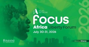 Green promotional banner for the Africa Liberty Forum 2026 in Accra, Ghana, featuring the Atlas Network logo, the event dates (July 30–31, 2026), and the IMANI Center for Policy and Education logo, alongside a silhouette of a person's face and a city skyline.
